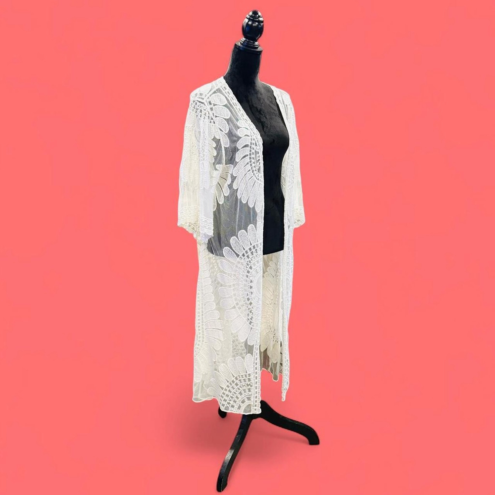 White Floral Lace Open Kimono Style Cardigan Maxi Blusher ADIVA XL